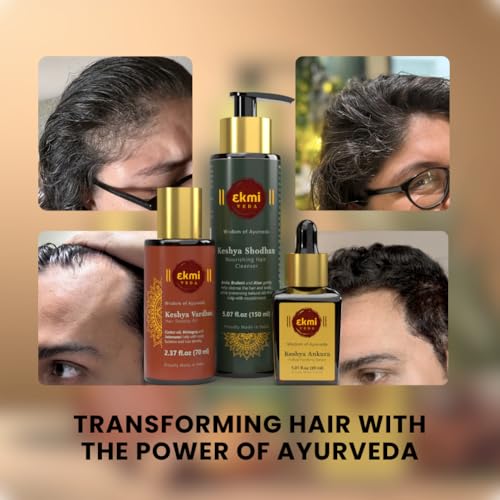 EKMIVEDA Hair Growth Set With Ayurvedic Herbs - Bhringraj, Castor, Amla, Rosemary for Hair Growth. Sulfate Free Hair Thickening Products, 3 Pcs - Oil, Shampoo & Redensyl Serum, 8.45 Fl Oz