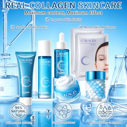 Collagen Skincare Set for Women – 7Pcs Face Care Kit with Cleanser,Toner,Serum,Eye Cream,Face Cream & Masks – Hydrating,Firming & Nourishing Routine,Gentle for All Skin Types,Great Gift Idea