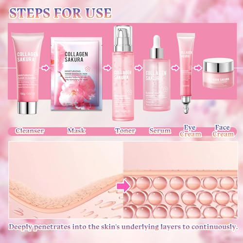 Sakura Skin Care Set,8 Pcs Hydrating Skincare Set Facial Kit for Women and Girls,Moisturizing Skin Care Kit with Facial Cleanser,Toner,Facial Serum,Face Masks,Eye Cream and Face Cream