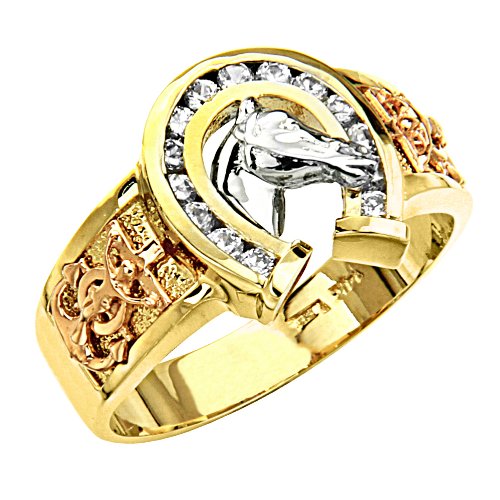 GM Wedding Collection 14K Yellow and Rose Gold Lucky Horseshoe Fashion CZ Cubic Zirconia High Polish Finish Ring Band for Men (Size 8 to 13) - Size 12