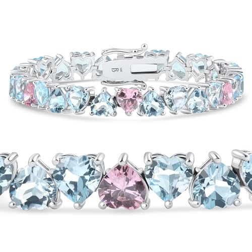 P3 POMPEII3 Pompeii 34.43Ct Heart Shape Pink & Blue Topaz Tennis Bracelet 14k White Gold 23.51grams