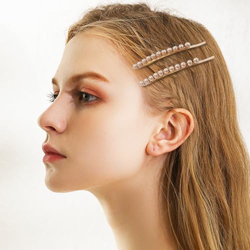2 Pcs Shell Pearl Hair Barrettes for Women Gold Plated Elegant Simple Row Pearls Bobby Pins Decorative Hair Pins Non-Slip Hair Accessories for Bangs Half Up Hair Accessories 3.54" (Champagne)