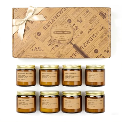Scented Candles for Home,8 Pack Soy Wax Candle Set,Scented Candles Gift Set,Aromatherapy Candles, Amber Jar Vintage Apothecary Style, 8 Scents Gift Set