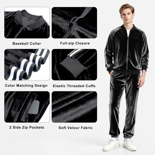Heyfanee Mens Track Suits 2 Piece Set Velour Black Jogging Suits for Men Winter Slim Fit Sweatsuit L