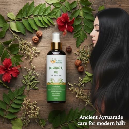 Herbs Botanica Bhringraj Oil for Hair Growth Ayurvedic Herbal Hair Oil with Bhringraj, Amla, Aloe Vera, Sesame & Curry Leaf Reduces Hair Fall, No Silicones or Parabens 6.76 Fl Oz