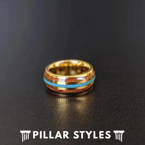 Turquoise Ring 14K Gold Wedding Bands Koa Wood Tungsten Rings for Men with Turquoise Inlays 8mm Unique Yellow Gold Rings Wooden Anniversary Gifts for Him