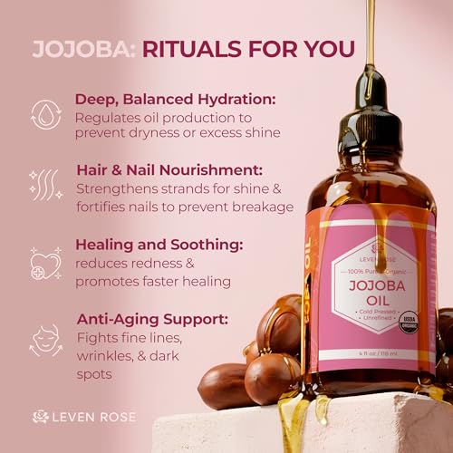 Leven Rose Jojoba Oil Organic Cold Pressed for Skin, Hair & Nails, 4 oz