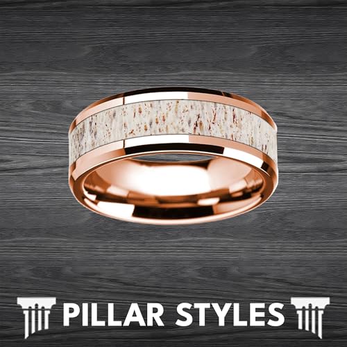Deer Antler Ring 14K Rose Gold Mens Wedding Band Tungsten Rings for Men with Antler Inlay and Beveled Edges 8mm Rustic Elk Stag Anniversary Gifts for Him