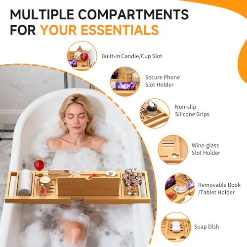Premium Bamboo Bathtub Caddy Tray with Extending Sides, Adjustable Wood Bath Tray for Luxury Bath, Fits Most Tubs, Accessories Gift Idea