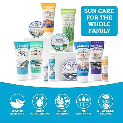 Badger Mineral Sunscreen Cream SPF 30, Zinc Oxide Sun Care, 98% Organic, Reef Safe, Water Resistant, Unscented Face and Body Sunscreen Travel Size, 2.9 fl oz