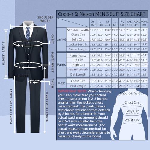 Cooper & Nelson Men's Suit Slim Fit, 3 Piece Suits for Men, One Button Solid Jacket Vest Pants with Tie, Tuxedo Set Dark Navy M