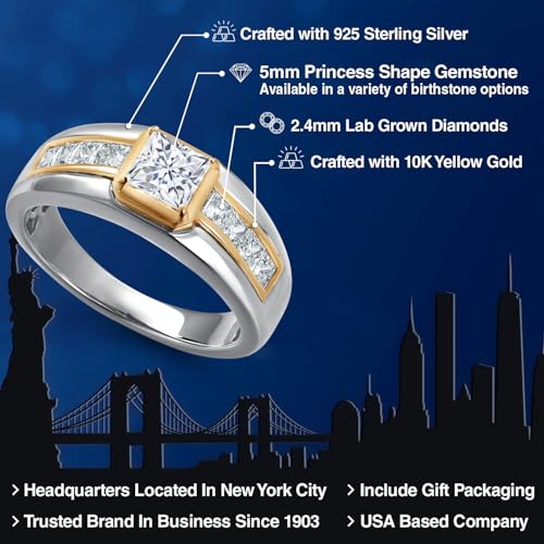 Gem Stone King Princess Cut Ring For Men | 5MM Princess Cut Gemstone Birthstone and 2.4MM Round Lab Grown Diamond | 925 Silver and 10K Yellow Gold | Available in Size 7-13