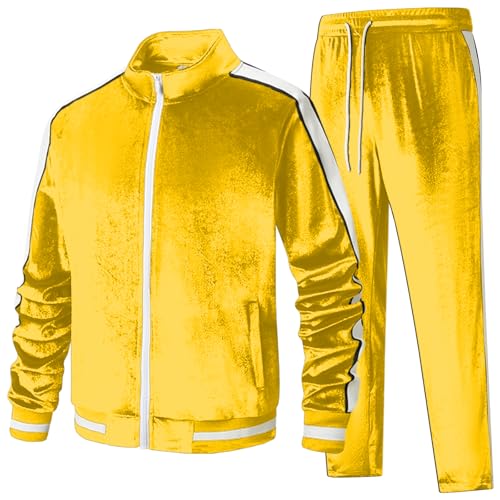 ANOTWENER Men's 2 Piece Tracksuits Velour Sweatsuits Athletic Fit Velvet Outfit Jogging Full Zip Jacket Pants Set Yellow JW-41345-M