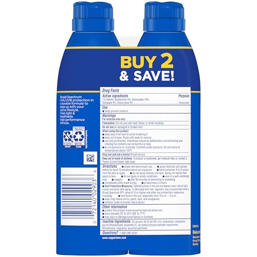 Coppertone Sport Sunscreen Spray SPF 50, Water Resistant Broad Spectrum UVA/UVB Spray Sunscreen, 5.5 Oz, Pack of 2, Continuous Sprayer