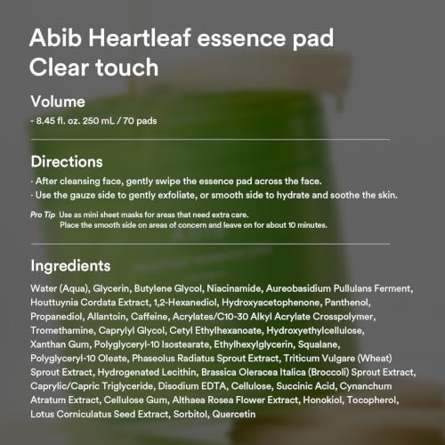 Abib Heartleaf Essence Pad Clear Touch 70 Pads 8.45 fl oz | Soothing Toner Pads for Acne-Prone Skin with Succinic Acid, Niacinamide, Gentle Exfoliation, Korean Skin Care (New/Refillable)