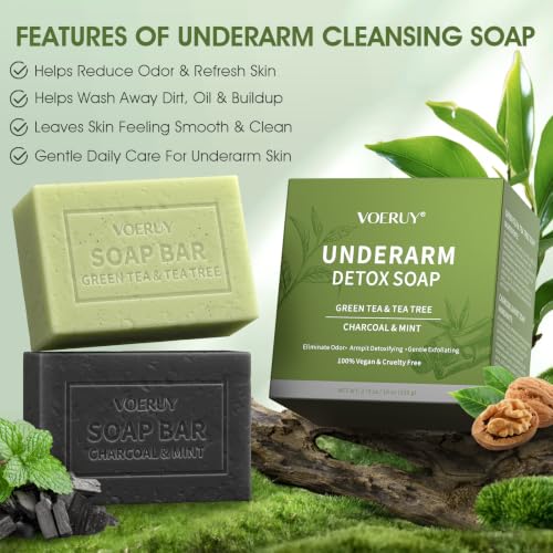 Underarm Detox Soap, 2 Pcs Armpit Detox Soap with Green Tea & Tea Tree, Charcoal & Mint for Eliminating Odor, Exfoliating, Moisturizing , Bar Soaps for Legs, Knee, Feet, Hands Whole Body - 10 oz（280g）