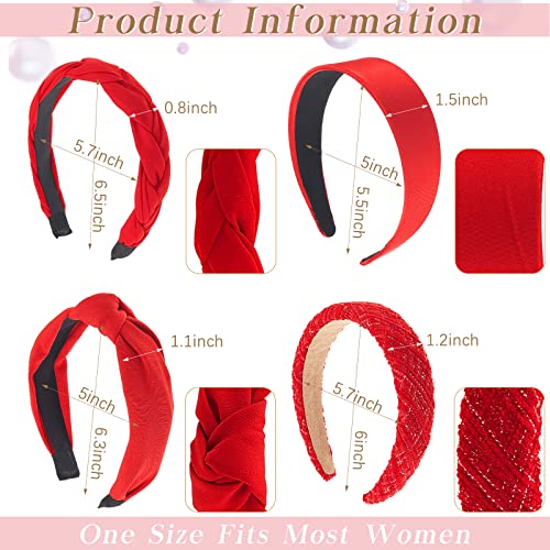 Taiyin 4 Pack Red Headbands for Women, Knotted & Braided Satin Velvet Hairbands, Non Slip Criss Cross Wide Headband Set, Bridal Fashion Hair Accessories, Gift for Mom Women Girls