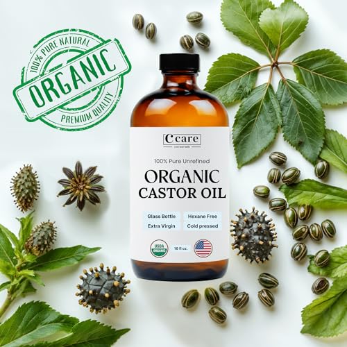 C CARE Castor Oil 100% Pure Organic Cold Pressed Unrefined Glass Bottle | USDA Certified Organic | Hexane Free Extra Virgin | For Hair Growth Eyebrows Eyelashes Skin and Castor Oil Pack Wrap | 16oz