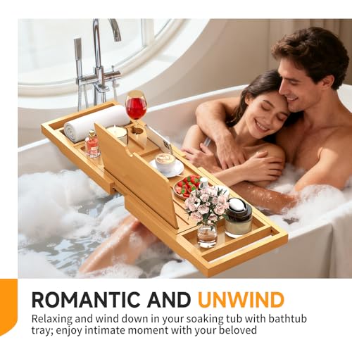 Premium Bamboo Bathtub Caddy Tray with Extending Sides, Adjustable Wood Bath Tray for Luxury Bath, Fits Most Tubs, Accessories Gift Idea