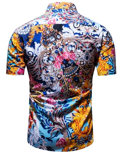 fohemr Mens Luxury Shirts Gold Chain Print Dress Shirt Baroque Short Sleeve Casual Button Down Design buchona Shirts Blue Medium