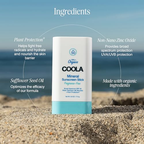 COOLA Mineral Sunscreen Stick SPF 50, Face & Body, Fragrance Free, 0.6 oz