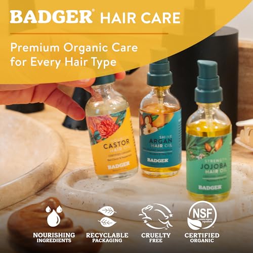 Badger Organic Castor Hair Oil for Thicker Fuller Looking Hair, 100% Organic Castor Oil for Hair Growth & Restoration, Red Clover & Peppermint, Deep Hydrating Hair Oil, 2 fl oz Glass Bottle