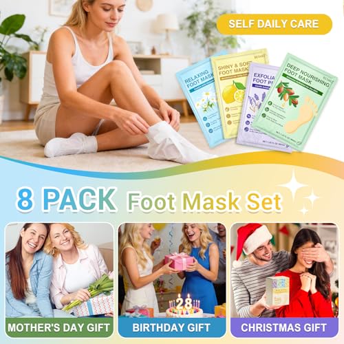 8 Pack Moisturizing Foot Mask,Hydrating Foot Masks for Dry Cracked Feet