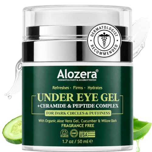 Alozera Wake Up Under Eye Gel Cream with Aloe Vera, Collagen & Cucumber, Anti-Aging, Hydrating, Soothing & Cooling Treatment for Dark Circles, Puffiness and Under Eye Bags, Fast-Absorbing, Day & Night