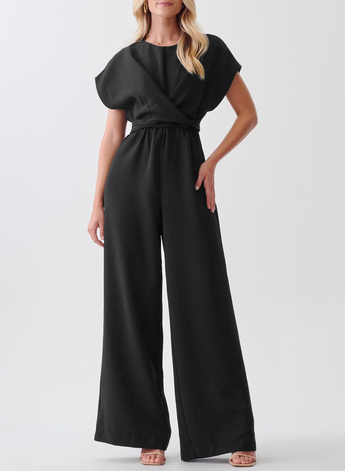 Happy Sailed One Piece Jumpsuits for Women Overalls Front Crisscross Top Tie Waist Belt Wide Leg Pants Rompers Business Casual Outfits with Pockets Black Medium