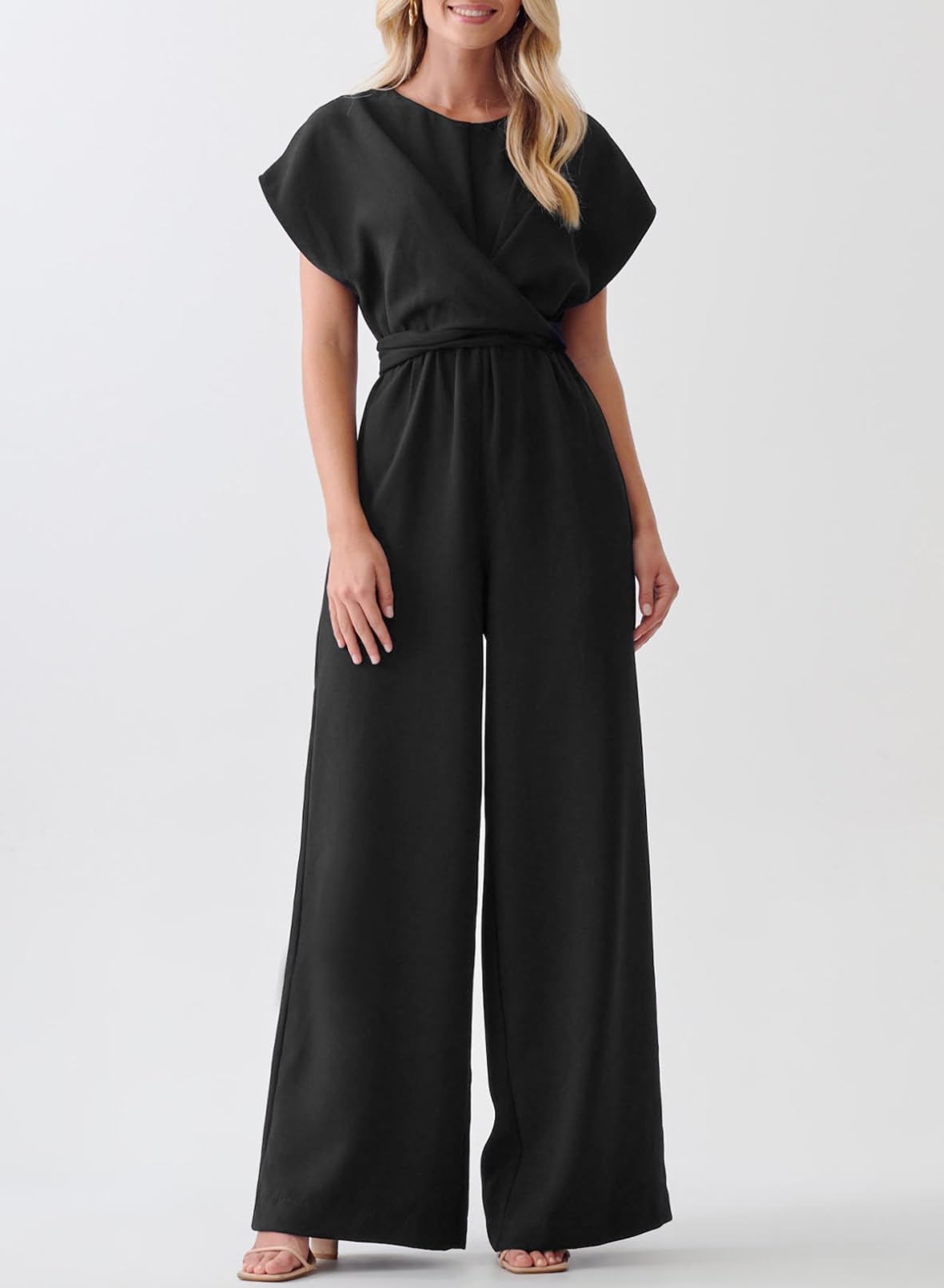 Happy Sailed One Piece Jumpsuits for Women Overalls Front Crisscross Top Tie Waist Belt Wide Leg Pants Rompers Business Casual Outfits with Pockets Black Medium