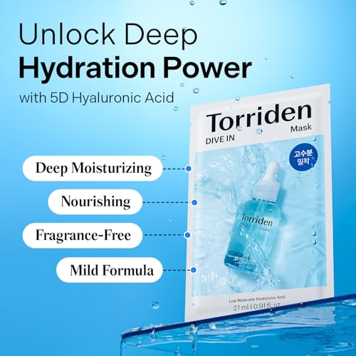 Torriden DIVE IN Hyaluronic Acid Facial Mask (10 sheets) | Deep Hydration Korean Face Sheet Mask | Panthenol & Allantoin | Korean Skincare Mask