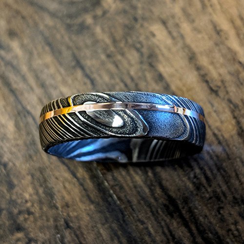 Damascus Steel Wedding Bands USA Made 14k Rose Gold Rings Damascus Rings