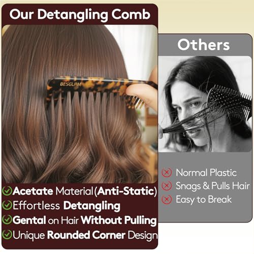 BESGLAM Wide Tooth Comb for Curls & Thick Hair - Large Detangling Comb for Women, 6 Inch Full-hand Length Acetate (Anti-Static), Wet/Dry Use, Reduces Breakage, (Tortoise)