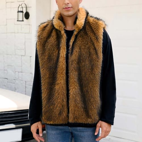Cambkatl Men's Luxury Faux Fur Vest, Winter Furry Sleeveless Jacket Open Front Cardigan Coats Warm Outerwear