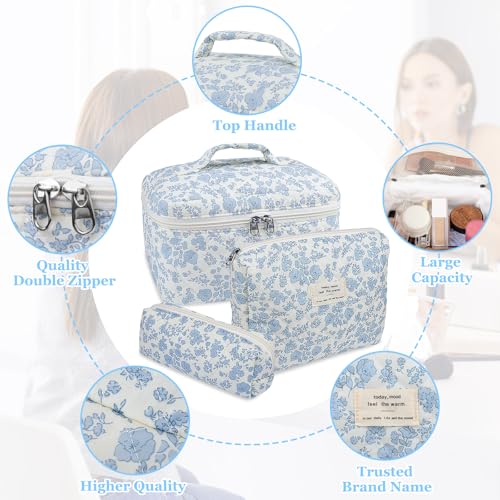 Gosect Makeup Bag, Large Quilted Cosmetic Bag, Big Floral Make Up Bag for Women Girls, Cute Cotton Makeup Bag Set, Flower Travel Toiletry Organizer Bag (Blue Flower)