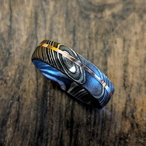 New 6mm Wide Damascus Steel Ring with 14k Solid Rose Gold Inlay