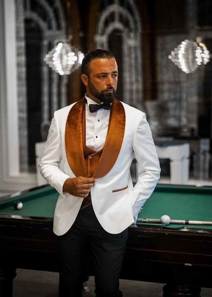 Men's Floral Tuxedo Suits Luxury Embroide Regular Fit Suit 3 Piece Set Wedding Blazer Dinner Tuxedo for Party Plus Size 52 White-Black