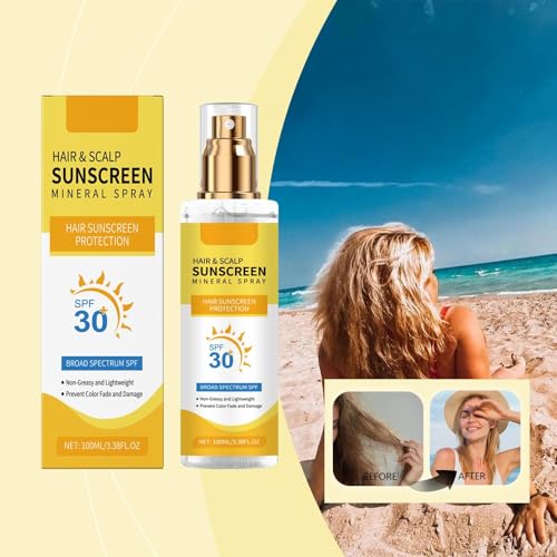 Hair & Scalp Sunscreen Spray SPF 30 | Color-Safe UV Blocker for Dyed/Highlighted Hair | Weightless Non-Greasy Protection | Beach & Pool Essentials | Coconut Enriched Scalp Shield (1)