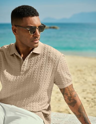 JMIERR Polo Shirts for Men Classic Fit Casual Ribbed Button Down Shirt Quiet Luxury Clothes Casual Collared Shirt, US43(L), Parchment