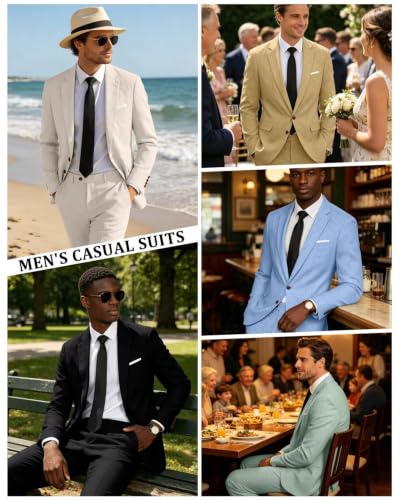 Retro Linen Mens Suit 2 Pieces Light Weight Linen Suit Summer Slim Fit Suits Tuxedo Jacket Blazer Pant for Men Beige M