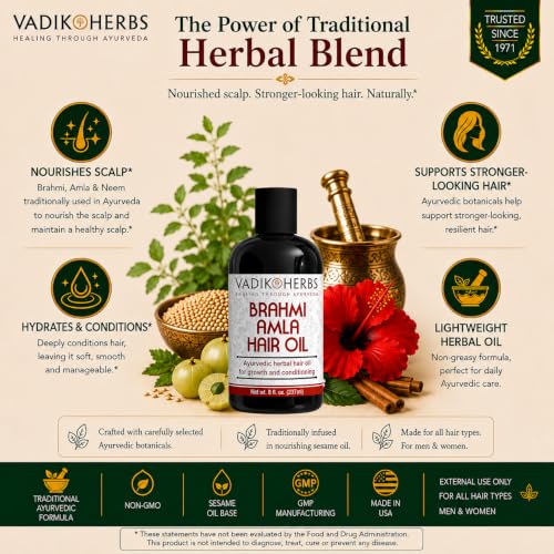 Vadik Herbs Brahmi Amla Hair Oil (8 oz) Ayurvedic herbal hair growth oil and hair conditioning oil with Rosemary Oil | Great for hair loss, balding, thinning, for beard growth,scalp treatment
