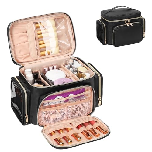 Bagmoly Large Makeup Bag, Portable Travel Makeup Bag Organizer for Women Girls with Makeup Brush Compartment & Two Side Pockets, Cosmetic Travel Bag Vertical Storage Toiletry Bag - Black