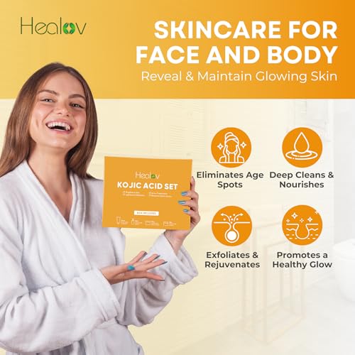 Kojic Acid Skincare Set – Kojic Soap Cleanser, Exfoliating Body Scrub, Face Cream & Brightening Facial Serum – Skin Brightening Hyperpigmentation Treatment, Dark Spot Corrector – with Turmeric Papaya