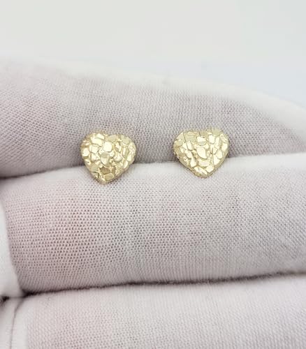 10K Yellow Gold Diamond Cut Nugget Heart Earrings 10 mm