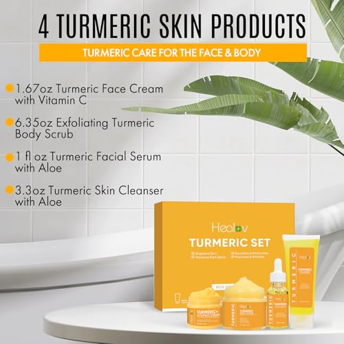 Healov Turmeric Skincare Set - Turmeric Skin Care Products Brightening & Acne - Turmeric Skin Care Kit, Turmeric Skin Care Set - Turmeric Cleanser, Body Scrub, Face Cream & Facial Serum