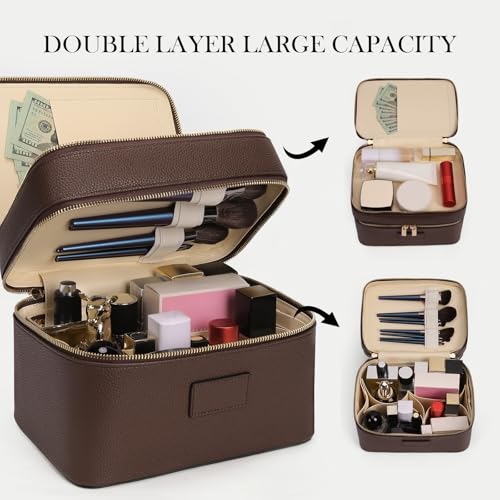 HiTotes Large Makeup Bag Duo Vanity Case for Women Leather Makeup Case Travel Toiletry Bag Portable Double Layer Cosmetic Bag