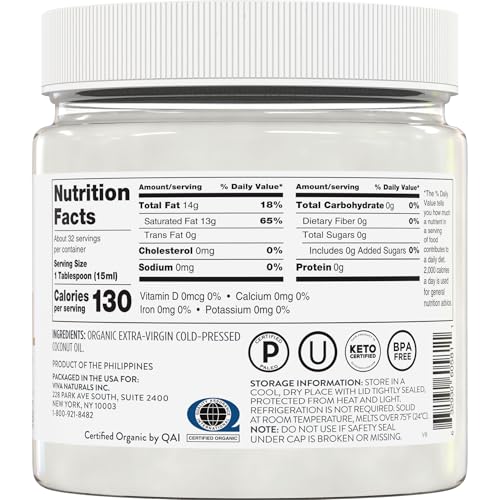 Viva Naturals Organic Coconut Oil, 16 fl oz – Unrefined, Cold-Pressed Extra Virgin Coconut Oil, USDA Organic & Non-GMO, Natural Cooking Oil, Hair Oil & Skin Oil