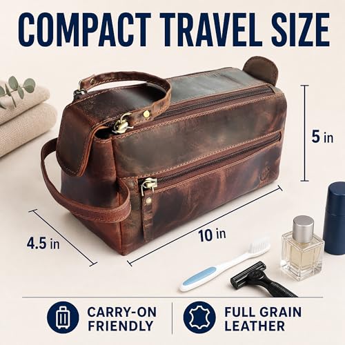 Leather Toiletry Bag for Men - Full Grain Travel Dopp Kit & Shaving Bag