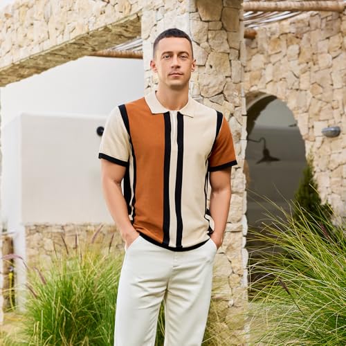 Men's Fashion Knit Polo Shirts Vintage Striped Knitting Shirts Ribbed Slim Fit Golf Shirts Deep Apricot