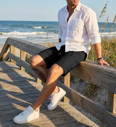 JMIERR Mens Stretch Cargo Shorts Cotton Classic Drawstring Relaxed Fit Extreme Motion Hiking Shorts, L,Black